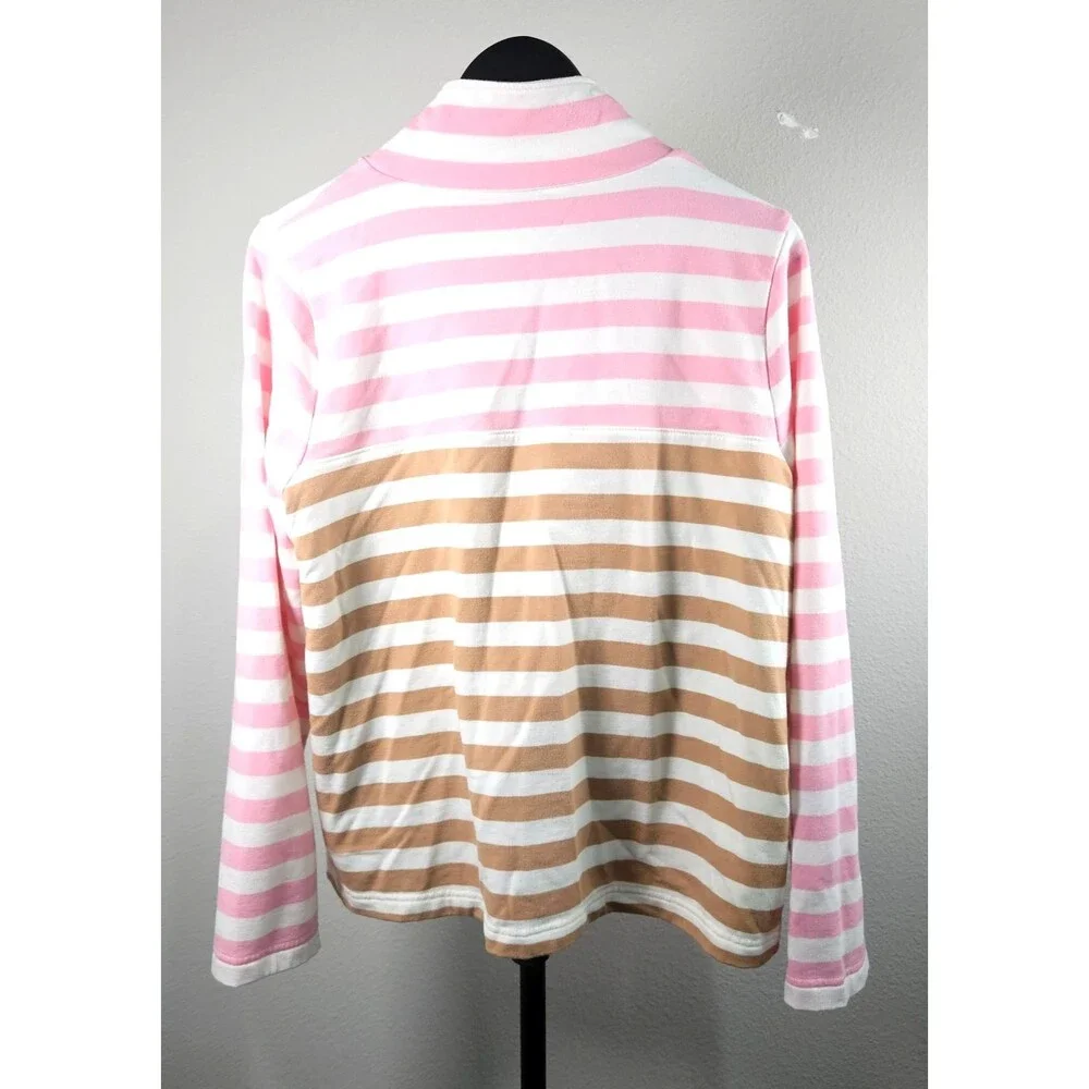 J.Crew Womens Large Stripe Funnel Neck Pullover Pink Tan Colorblock Top Preppy